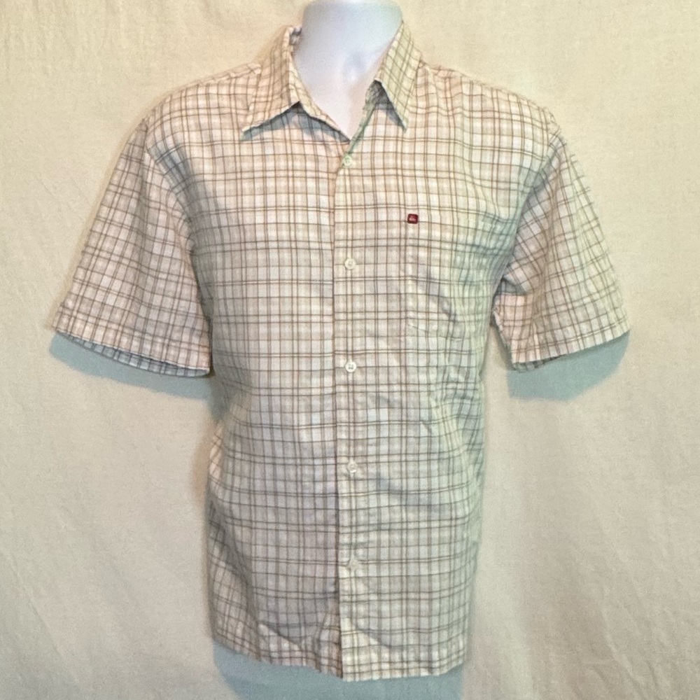 G-188 Men’s Quiksilver Brown & White Plaid Casual Button Down Shirt Size M